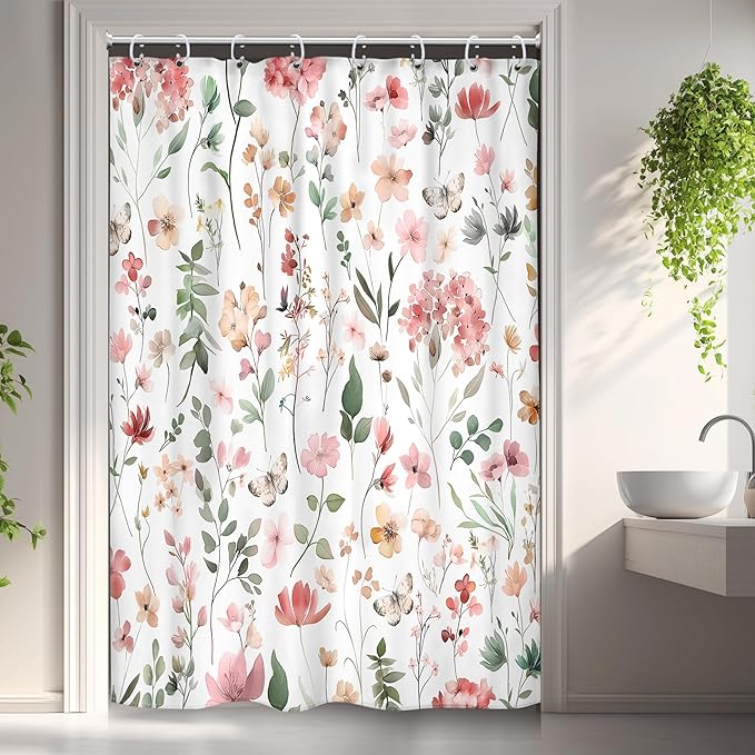 Pink Blush Coral Flower Floral Narrow Leaves Bathroom Shower Curtain Set | 48"W x 72"H Wildflower Plants; waterproof HD print, quick-dry fabric and plastic hooks for easy setup.