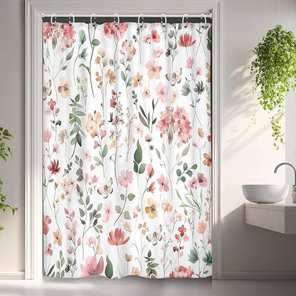 Pink Blush Coral Flower Floral Narrow Leaves Bathroom Shower Curtain Set | 48"W x 72"H Wildflower Plants; waterproof HD print, quick-dry fabric and plastic hooks for easy setup.