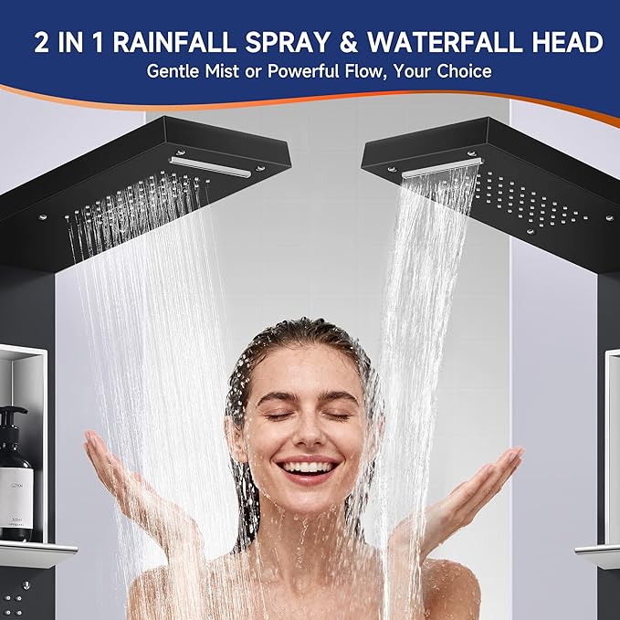 Shower Panel System, Multi-Function Shower Tower With 4 Body Spray, 5 Handheld Settings, Shelf & Adjustable Height, Rainfall + Waterfall Shower Head, Rain Massage Spa System