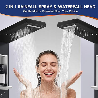 Shower Panel System, Multi-Function Shower Tower With 4 Body Spray, 5 Handheld Settings, Shelf & Adjustable Height, Rainfall + Waterfall Shower Head, Rain Massage Spa System