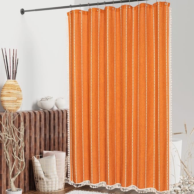Farmhouse Tassel Linen Shower Curtain,3D Embroidery Stripe Orange,72x96 | Extra Long Xl,310GSM Boho Heavy Duty Cloth,Water Repellent,Wrinkle Resistant,Vintage Farmhouse Rustic,12 Plastic Hooks