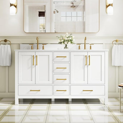 60-Inch Bathroom Vanity with Sink, 4 Soft-Close Doors and 6 Soft-Close Drawers, Bathroom Freestanding Vanity with Cultured Marble Countertop, White Vanity W/Gold Handles