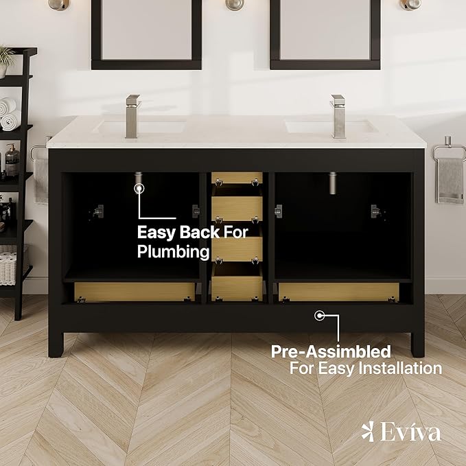 Eviva London 60" W x 18" D Espresso with Sink Bathroom Vanity with White Carrara Quartz Countertop and Undermount Porcelain Sinks
