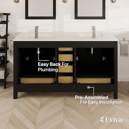Eviva London 60" W x 18" D Espresso with Sink Bathroom Vanity with White Carrara Quartz Countertop and Undermount Porcelain Sinks