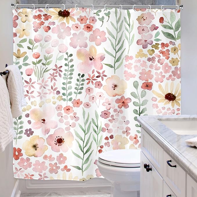 Cute Pink Green Floral Spring Boho Kids Girls Bathroom Shower Curtain Set | 72"W x 72"H Girly Watercolor; waterproof HD print, quick-dry fabric with 12 hooks for easy hanging.