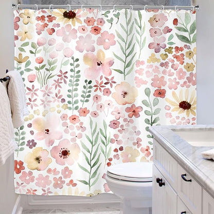 Cute Pink Green Floral Spring Boho Kids Girls Bathroom Shower Curtain Set | 72"W x 72"H Girly Watercolor; waterproof HD print, quick-dry fabric with 12 hooks for easy hanging.