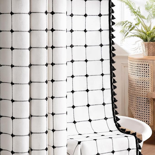 Black and White Farmhouse Shower Curtain,Boho Linen Fabric with Embroidered Plaid Pattern and Tassels for Bathroom,72" W×72" L