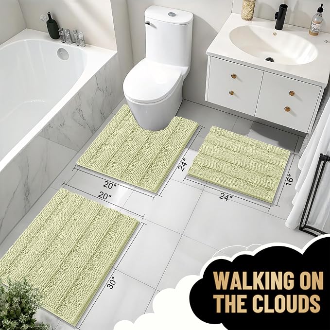 OLANLY Thick Small Bathroom Rugs 24x16, Soft Chenille Bath Rugs, Vanilla | Rubber Backing, Machine Wash, Extra Absorbent Striped Bath Mats for Bathroom Floor, Tub and Shower, Home Decor Accessories
