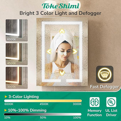 TokeShimi 36x30 Led Mirrored Medicine Cabinet Recessed for Bathroom Vanity, 3 Color Dimmable Medicine Cabinet with Mirror Lighted and Defogger,2-Side Fornt Lit Bathroom Mirror with Storage,2 Sockets