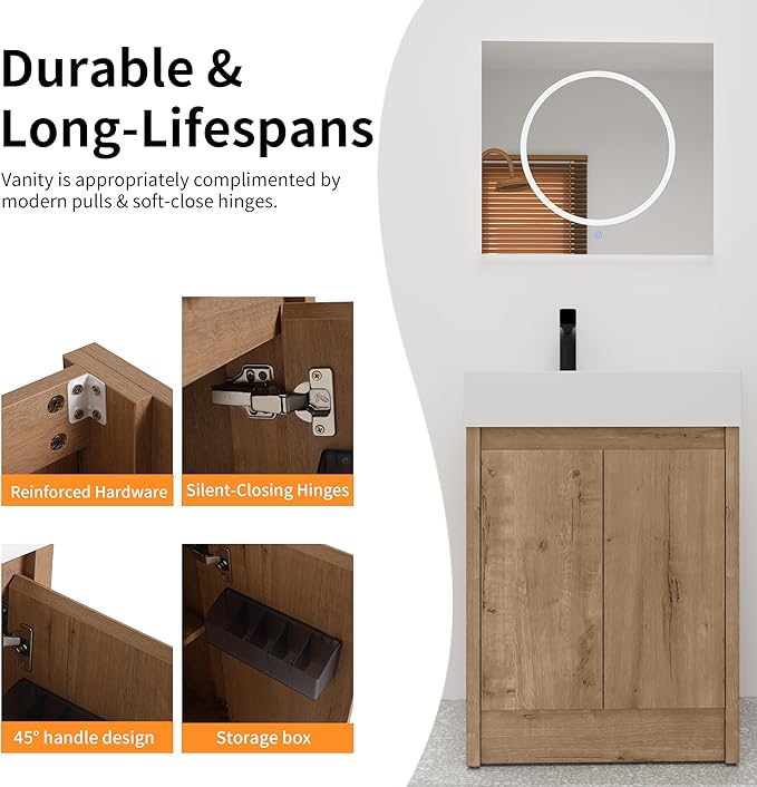 24'' Freestanding Bathroom Vanity, 24 Inch Floor Stand Bathroom Vanity with Sink, Single Resin Sink Cabinet Set, Modern Storage Cabinet, with Soft Closing Door, B03624IMO-+24120LMO