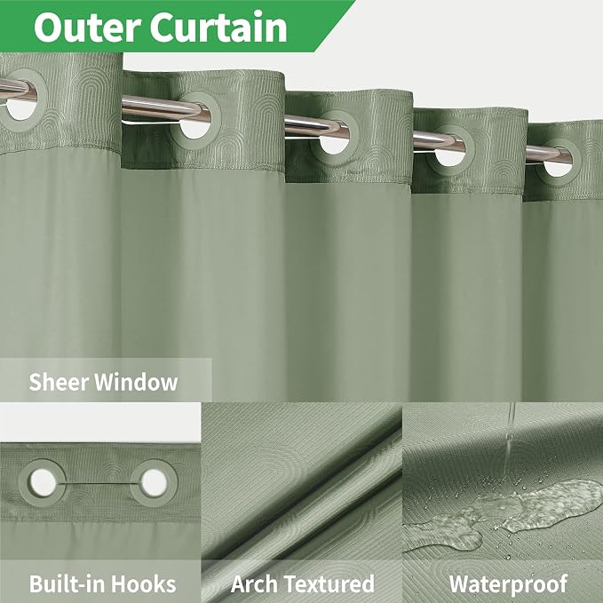 eachope No Hook Boho Arch Shower Curtain with Snap-in Liner Set,71x74,Green | 230GSM Thick Fabric,Easy to Install,Sheer Window,Magnetic Weighted Hem,Waterproof & Machine Washable,for Bathroom,Hotel
