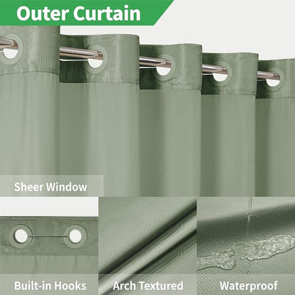eachope No Hook Boho Arch Shower Curtain with Snap-in Liner Set,71x80,Green | 230GSM Thick Fabric,Easy to Install,Sheer Window,Magnetic Weighted Hem,Waterproof & Machine Washable,for Bathroom,Hotel