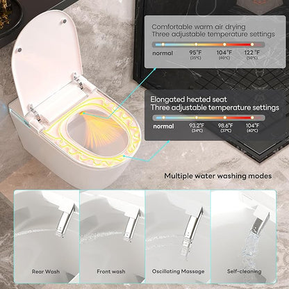 Smart Wall Hung Toilet Combo,Auto Flush, Auto Open/Close LId,Heated Seat,Warm Water/Dryer, Modern Elongated Bidet Toilet with In wall Carrier (No need to buy an additional Water Tank)