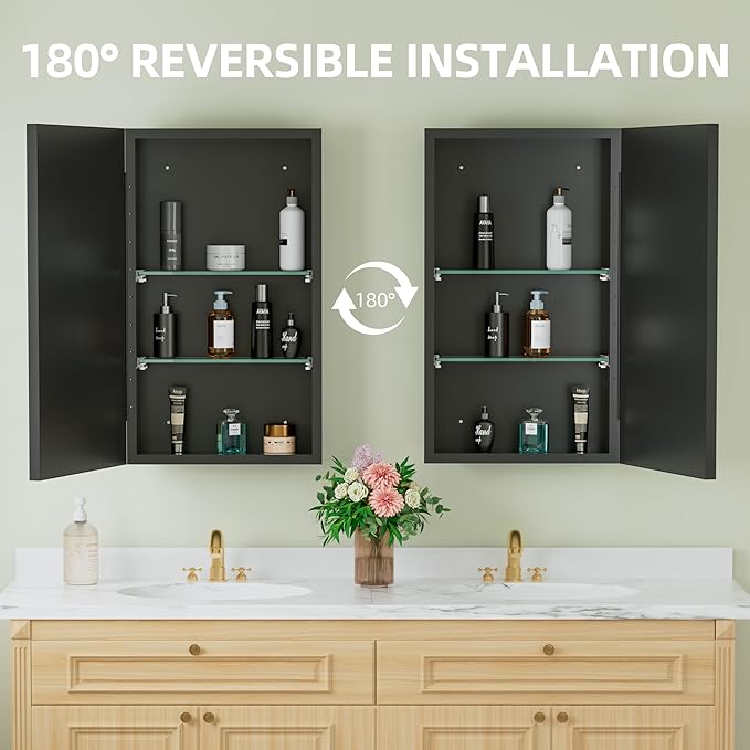 Buruis 14"x 24" Small Framed Medicine Cabinet with Mirror, Compact Recessed or Wall Mounted Bathroom Cabinet, Adjustable Tempered Glass Shelves, Left/Right Open Reversible, No Assembly Required, Black