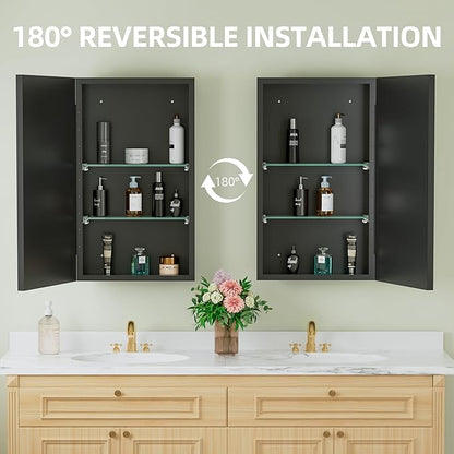 Buruis 14"x 24" Small Framed Medicine Cabinet with Mirror, Compact Recessed or Wall Mounted Bathroom Cabinet, Adjustable Tempered Glass Shelves, Left/Right Open Reversible, No Assembly Required, Black