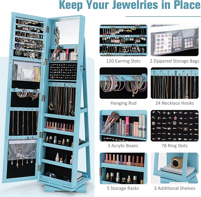 360° Rotating Jewelry Armoire, Freestanding Jewelry Cabinet with Inside Makeup Mirror, 2-in-1 Lockable Jewelry Organizer w/Full-Length Mirror for Women (Sky Blue)