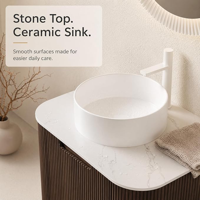24 Inch Bathroom Vanity with Sink, Floating Wall Mounted Single Sink Vanity for Small Baths, Dark Walnut Curved Fluted Front, Stone Top, Pure White Round Vessel Basin, Pre-Assembled