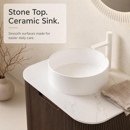 24 Inch Bathroom Vanity with Sink, Floating Wall Mounted Single Sink Vanity for Small Baths, Dark Walnut Curved Fluted Front, Stone Top, Pure White Round Vessel Basin, Pre-Assembled
