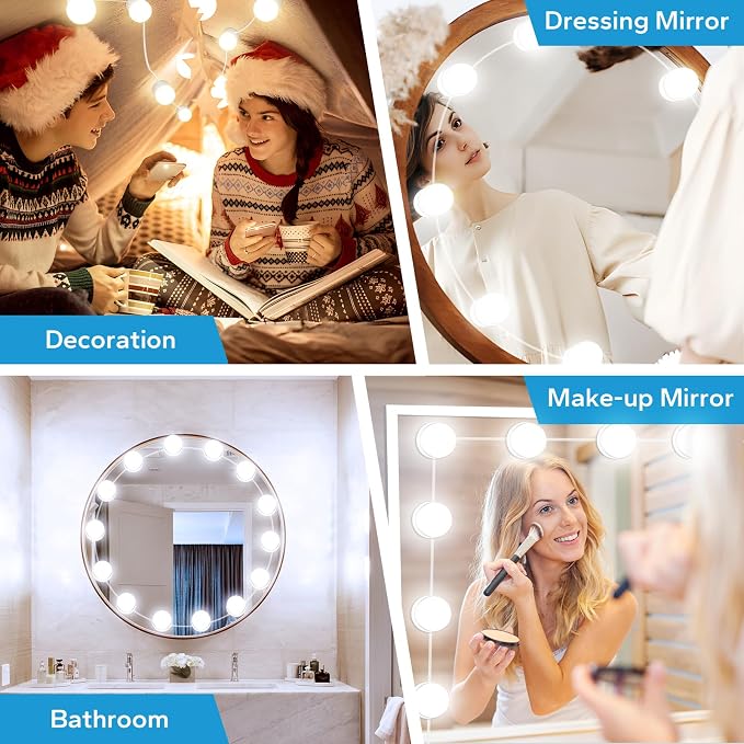 LED Vanity Lights For Mirror, Vanity Light Stick on with 10 Dimmable Bulbs | 3000K 4000K 6500K & 10 Level Brightness Adjustable, USB Cable, Hollywood Mirror Lights for Makeup Dressing Room Bathroom
