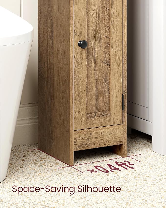 VASAGLE Small Storage Corner Floor Cabinet with Door, 7.9 x 7.1 x 31.5 Inches, Narrow Toilet Paper Storage Holder, Adjustable Shelves, for Bathroom, Living Room, Small Spaces, Honey Brown UBBK310K01