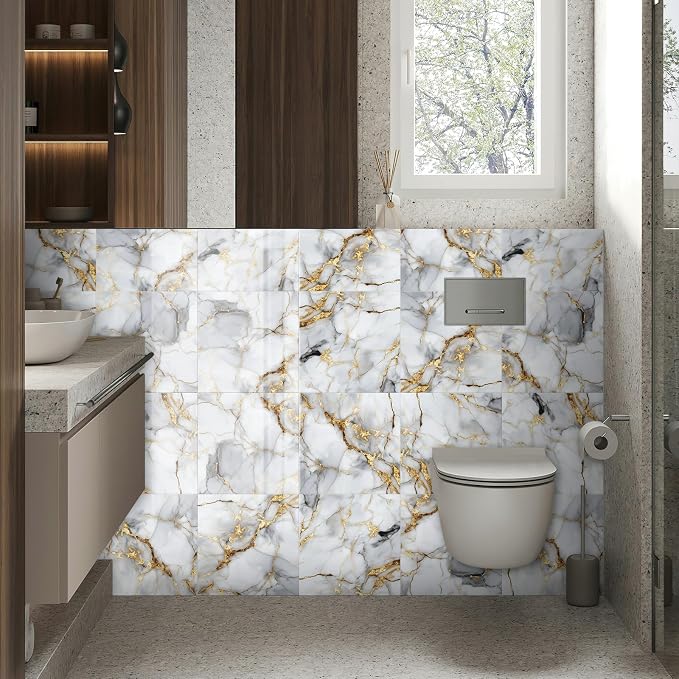 10 Sheets Marble Peel and Stick Backsplash Tile, 12"x12" Waterproof PVC Self Adhesive Tile Shower Wall Panels for Bathroom, Kitchen, Living Room (Metallic White)