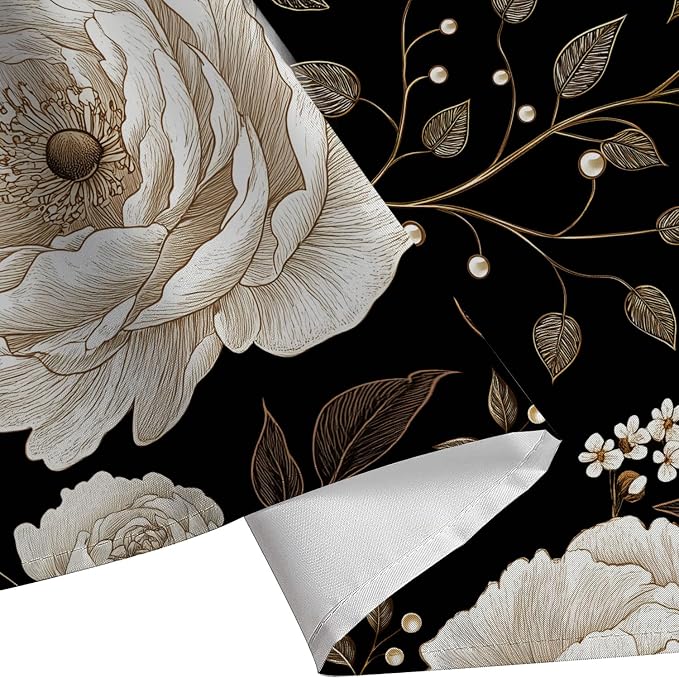 Black and Gold Shower Curtain, Dark Roses Leaves Botanical Aesthetic Boho Floral Shower Curtain for Bathroom with Hook, Vintage Rose Gold Flowers Fabric Unique Chic Shower Curtain Set with Hooks 72X72