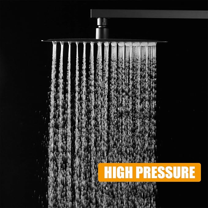 10 In Rain Shower Head High Pressure Rainfall Shower Head Matte Black | Square Rain Bathroom Showerhead, High Flow, Large Stainless Steel, Ceiling Mounted, Wall Mounted, Waterfall Full Body