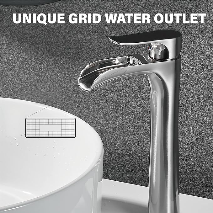 Brushed Nickel Vessel Sink Faucet,YUNDOOM Tall Waterfall Single Hole Single Handle Bowl Sink Faucet with Pop Up Drain