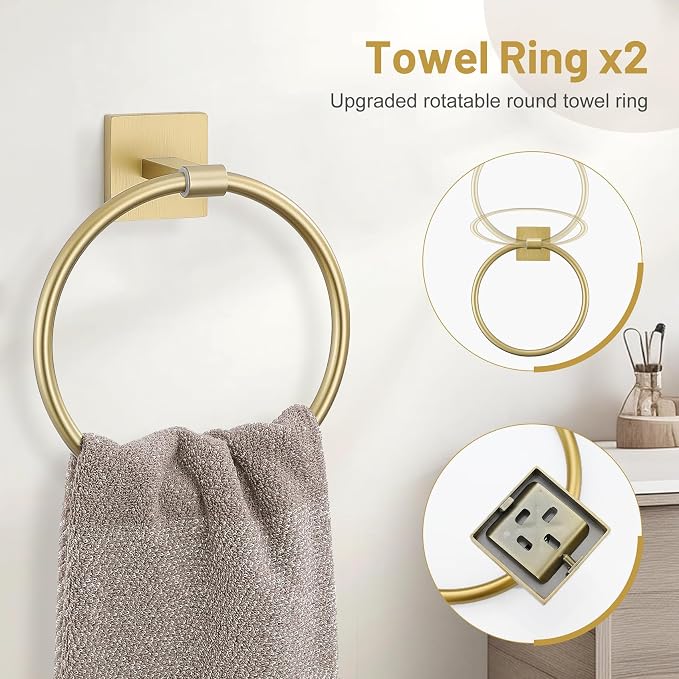 Lairuier 10-Piece Brushed Gold Bathroom Accessories, Towel Bar Set | Bathroom Hardware Set Includes SUS304 23.6" Towel Bar, Towel Ring, Toilet Paper Holder and Towel Hooks Wall Mounted