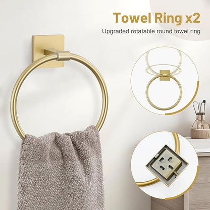 Lairuier 10-Piece Brushed Gold Bathroom Accessories, Towel Bar Set | Bathroom Hardware Set Includes SUS304 23.6" Towel Bar, Towel Ring, Toilet Paper Holder and Towel Hooks Wall Mounted