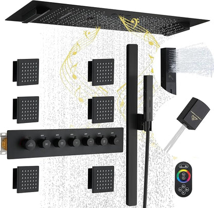 CASAINC 35x16 Inch Thermostatic Shower System Luxury 6 Functions Full Body Shower System, Multifunctional Shower Jets System with Sliding Rod 2 in 1 Handheld, LED & Music (Matte Black)