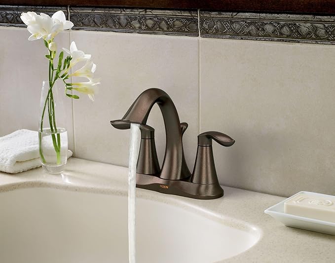 Moen Eva Oil-Rubbed Bronze Two-Handle Centerset Lavatory Faucet with Drain Assembly, Sink Faucet Bathroom 3-Hole for Standard 4-inch Countertop Setup, 6410ORB