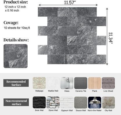 2026 New Upgrade Peel and Stick Backsplash Tile, Peel and Stick 11.34" X 11.57" Wall Tile for Kitchen, Bathroom, Fireplace, Laundry (Dark Rock, 20 Packs)