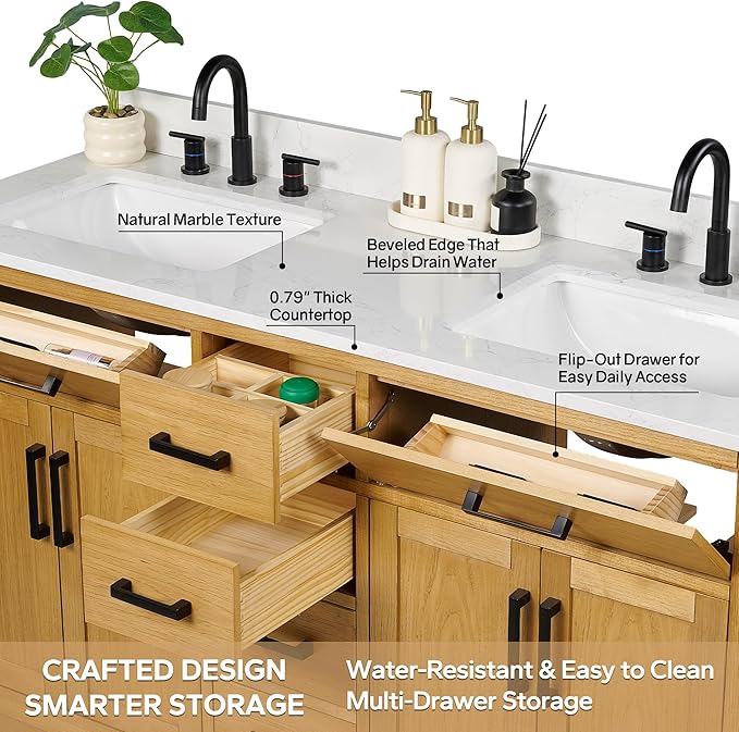 72-inch Natural Oak Bathroom Vanity with 2 Sinks, Solid Wood, 0.79-inch Stone Countertop and Backsplash, 6 Drawers, 4 Soft Closing Doors
