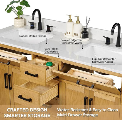 72-inch Natural Oak Bathroom Vanity with 2 Sinks, Solid Wood, 0.79-inch Stone Countertop and Backsplash, 6 Drawers, 4 Soft Closing Doors