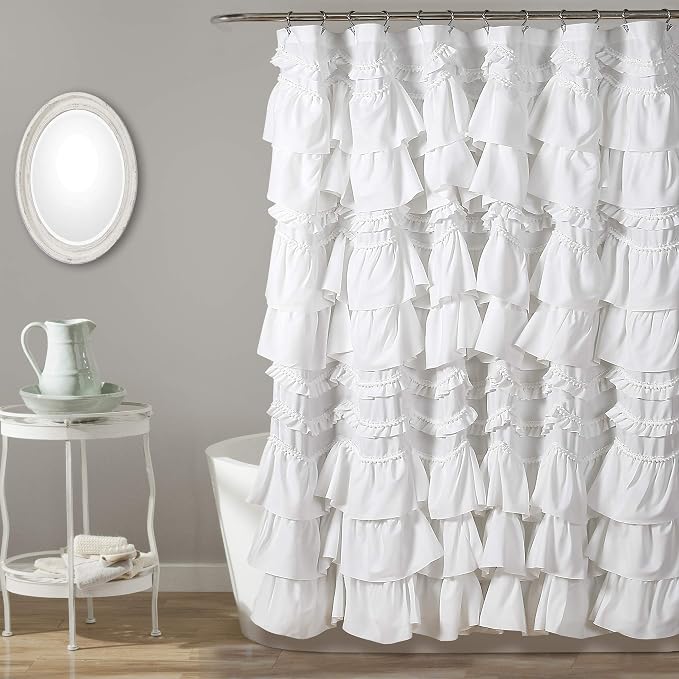 Lush Decor Kemmy Ruffled Shower Curtain, Single, 72" W x 72" L, White - Bathroom Curtain - Fabric Shower Curtains for Bathroom - Coquette Decor