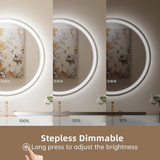 LOVESPEJO 32" Round LED Bathroom Mirror with Lights, Circle LED Mirror for Bathroom, Fogless, Dimmable, 3 Color Changing, Shatterproof