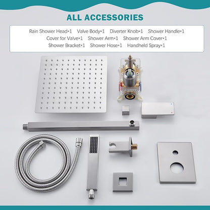 12" Rain Shower System with Handheld & Valve, Brushed Nickel | Wall-Mounted High-Pressure Shower Faucet Combo Set, 12-Inch Rain Shower Head with Handheld Spray,Includes Valve and Trim Kit