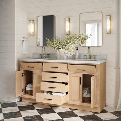 ARIEL Hepburn 66-inch Bathroom Vanity with Sink,Solid Wood, 1.5-inch Italian Carrara Marble Countertop, Double Rectangular Porcelain Sink, 4 Soft Closing Doors, 6 Dovetail Drawers, White Oak