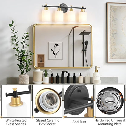 23 Inch 4-Light Bathroom Vanity Light, Modern Black and Gold Vanity Light | 23'' Bathroom Wall Sconce With White Frosted Glass Shades, Anti-Rust Vanity Light Fixture Over Mirror, E26(Bulb Not Include)