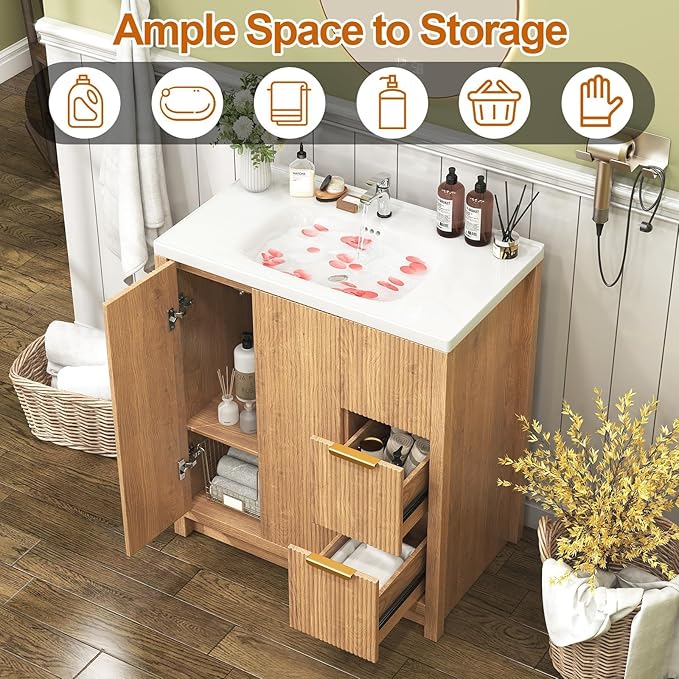 32" Modern Bathroom Vanity with Ceramic Sink, 2 Drawers & 2 Doors, Wooden Panel Design Storage Cabinet, Actual 31.5" L x 18.5" W x 35.5" H