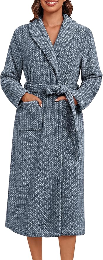 Ekouaer Women's Robe Long Plush Soft Bathrobe Cozy Warm Robes Shawl Collar Sleepwear with Pockets