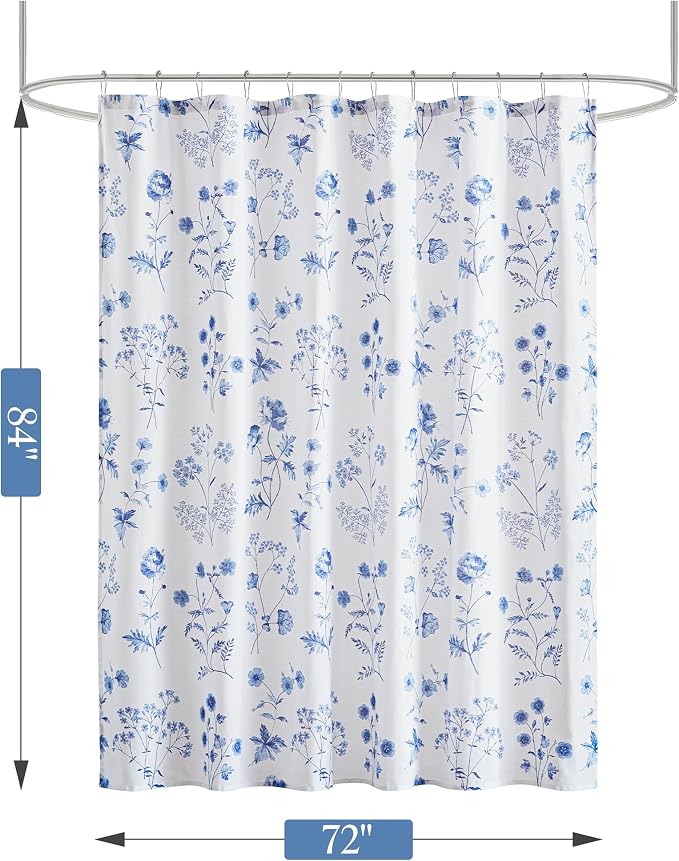 Martha Stewart Cotton Floral Extra Long Shower Curtain, 72 x 72, Blue | Martha's Garden Series, Botanical Floral Print, Spa Quality Modern, Machine Washable, Modern Bathroom Curtains