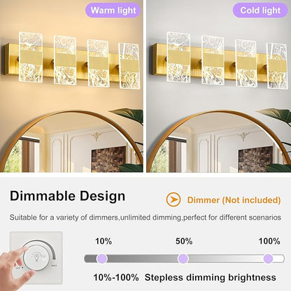 Modern LED Bathroom Light Fixtures Dimmable 4-Light Gold Vanity Light, 5CCT Adjustable Lighting Fixture Vanity Lights Over Mirror, Smoked Acrylic LED Vanity Lights for Bathroom