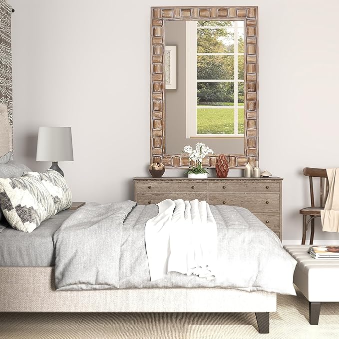 36x24 Inch Rustic Rectangle Wall Mirror - Solid Wood Frame Bathroom Vanity Mirror for Over Sink, Entryway, Living Room & Bedroom