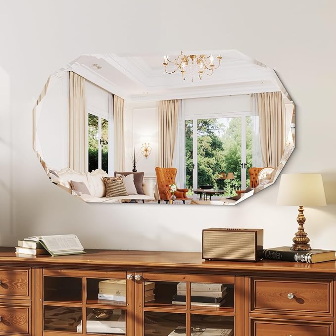 GLASHOM Frameless Oval Bathroom Mirror, 48x28 Inch Vanity Mirror for Over Sink with Beveled Edge, Decorative Wall Mirror for Bedroom, Living Room and Entryway, Hangs Horizontally or Vertically