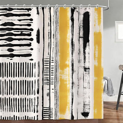 Abstract Boho Shower Curtain, Mid Century Modern Black And Beige Geometric Stripes Shower Curtains Set, Minimalist Aesthetic Art Yellow Polyester Fabric Shower Curtains for Bathroom with Hooks 72X72IN