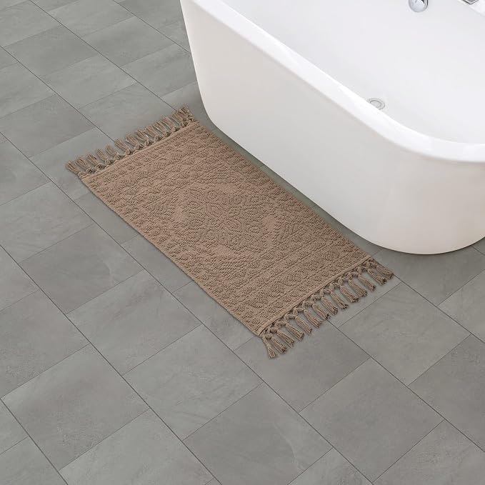 French Connection Nellore Bath Rugs, Woven and Beaded Bath Mats, Durable and Thick Bath Mats for Bathroom and Shower Rugs, 20" x 38", Light Brown