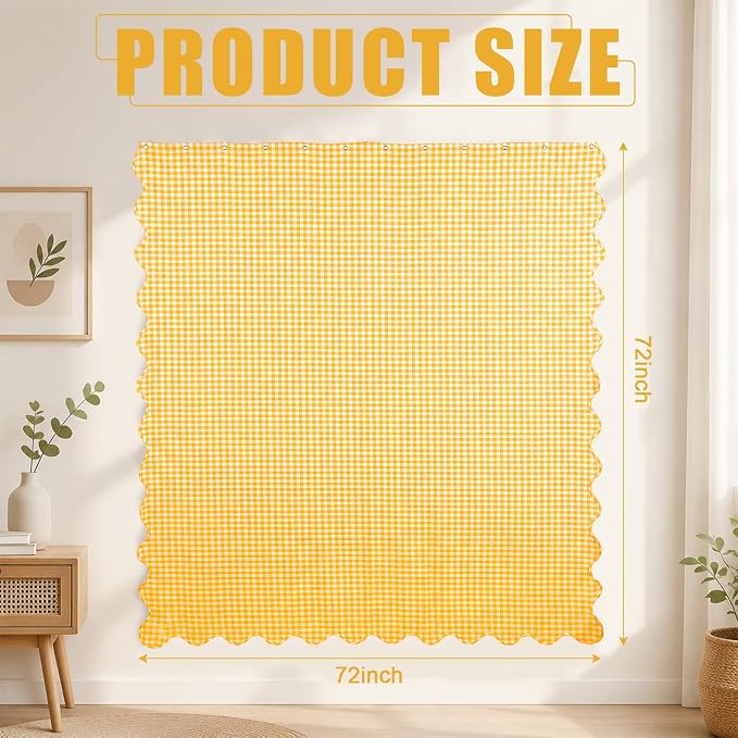 HunnmingRe Scalloped Gingham Shower Curtain Yellow | 72'' x 72'' Vintage Farmhouse Curtain, Cotton Cottage Core Rural Checkered Plaid Decor, Fall Shower Curtain for Bathroom