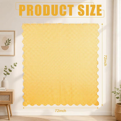 HunnmingRe Scalloped Gingham Shower Curtain Yellow | 72'' x 72'' Vintage Farmhouse Curtain, Cotton Cottage Core Rural Checkered Plaid Decor, Fall Shower Curtain for Bathroom